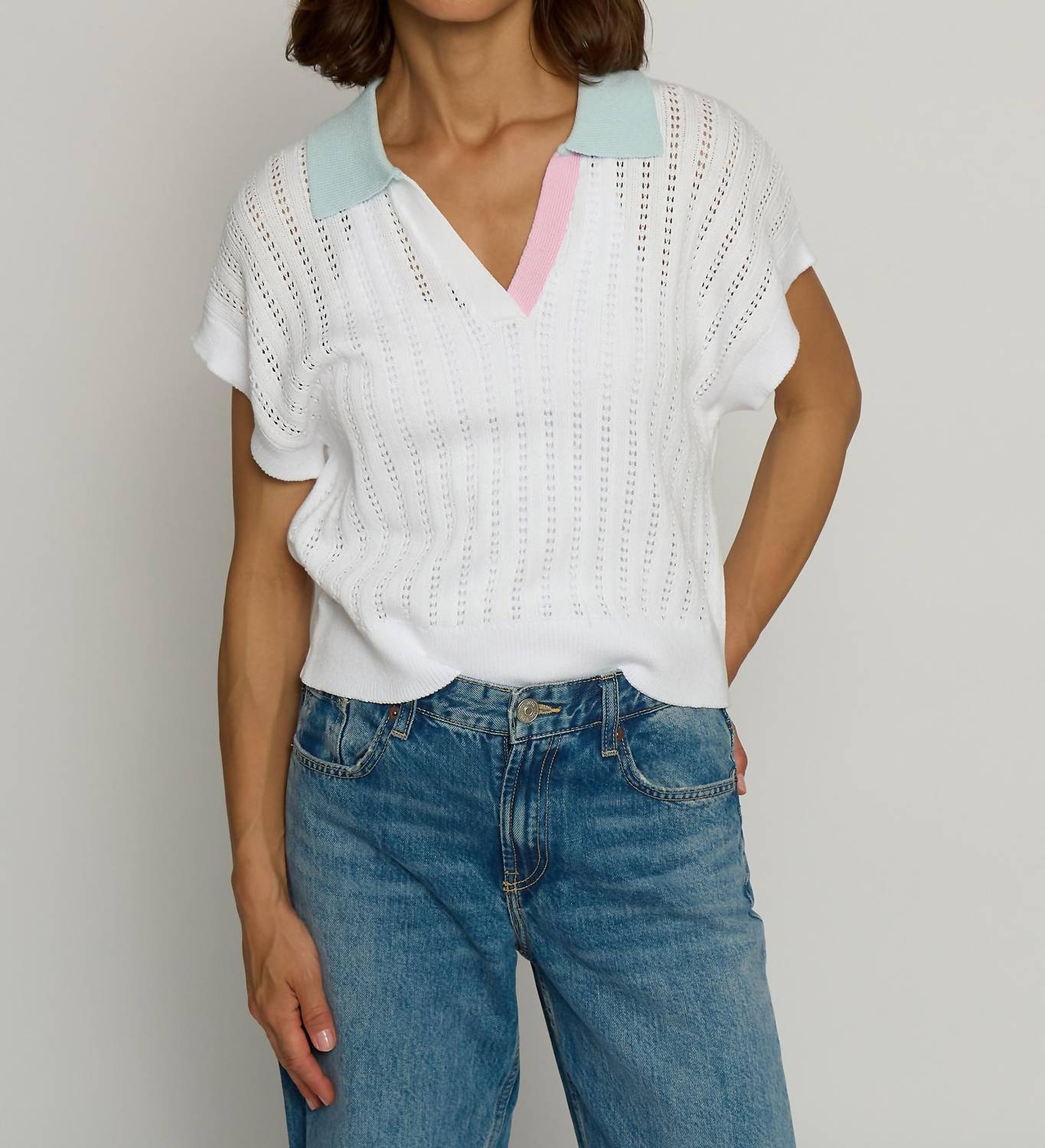 Central Park West - Color Block Pointelle Polo Sweater