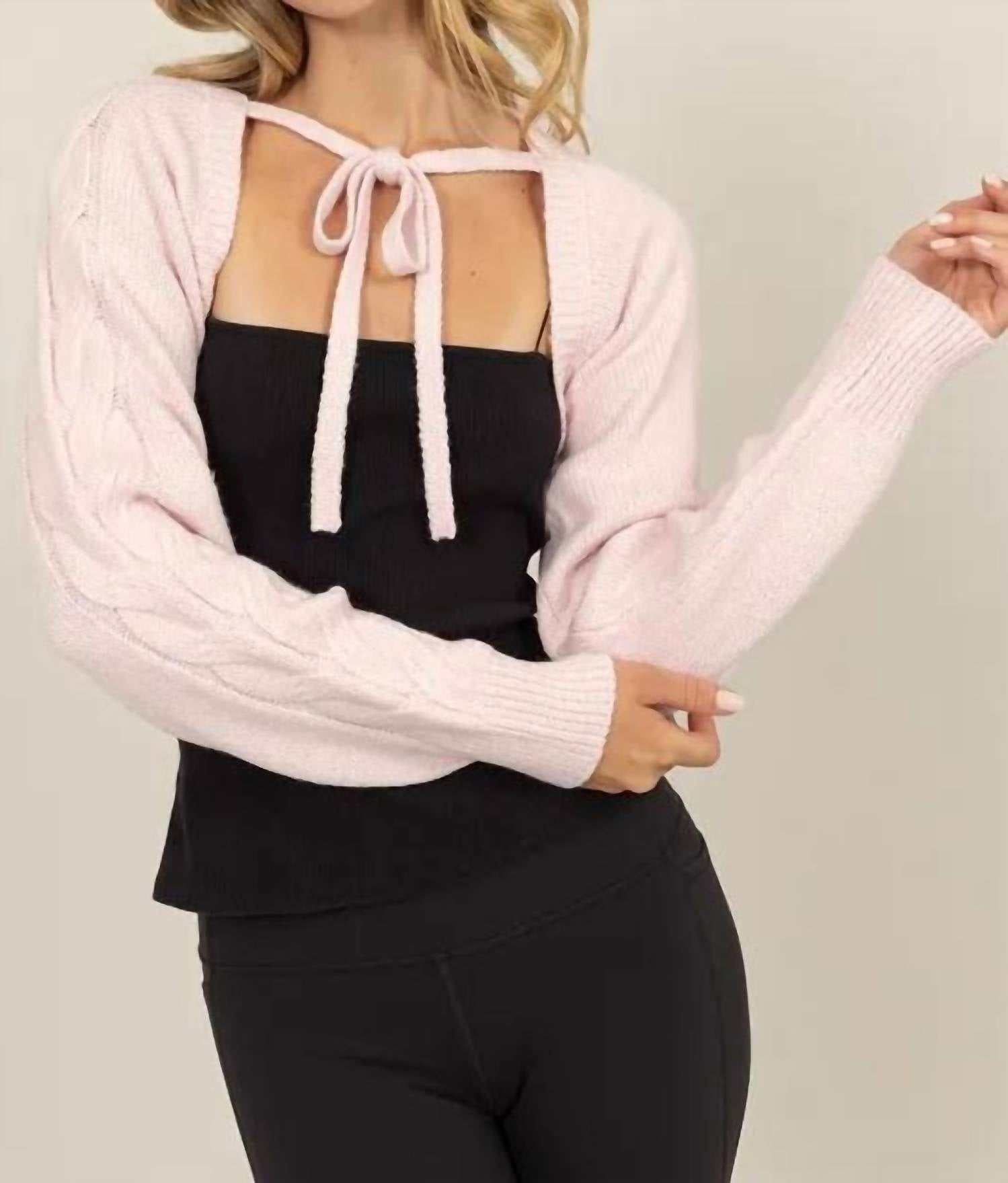 HYFVE Cable Knit Tie Front Shrug in pale pink - women's sweater