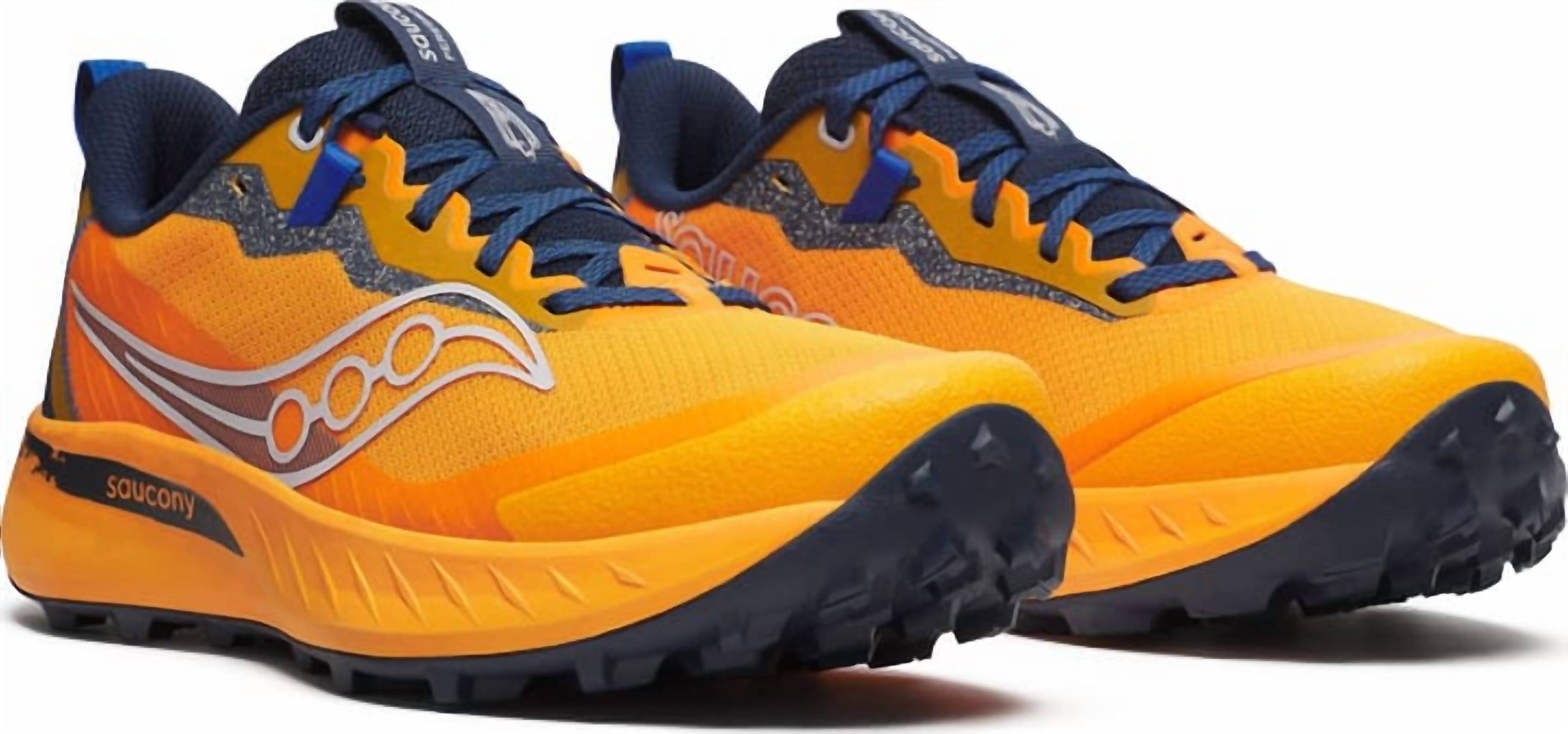 SAUCONY Men's Peregrine 15 Trail Shoe in peel navy orange - men's shoe - detail view