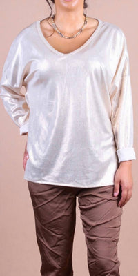 GIGI MODA Luminare V-neck Top in beige - women's long sleeve top