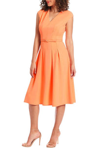 London Times - V-neck Tucked Midi With Belt Dress