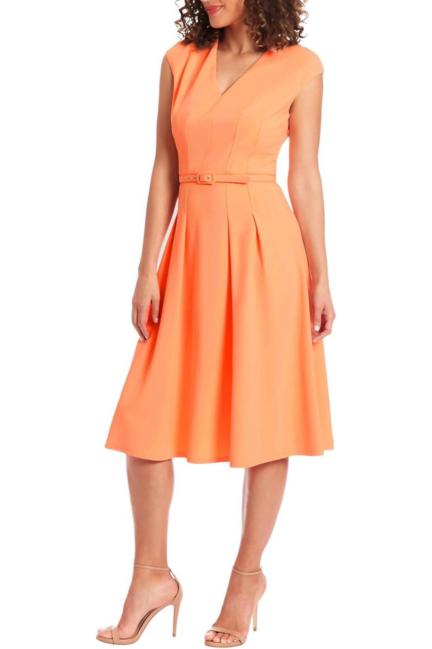 London Times - V-neck Tucked Midi With Belt Dress