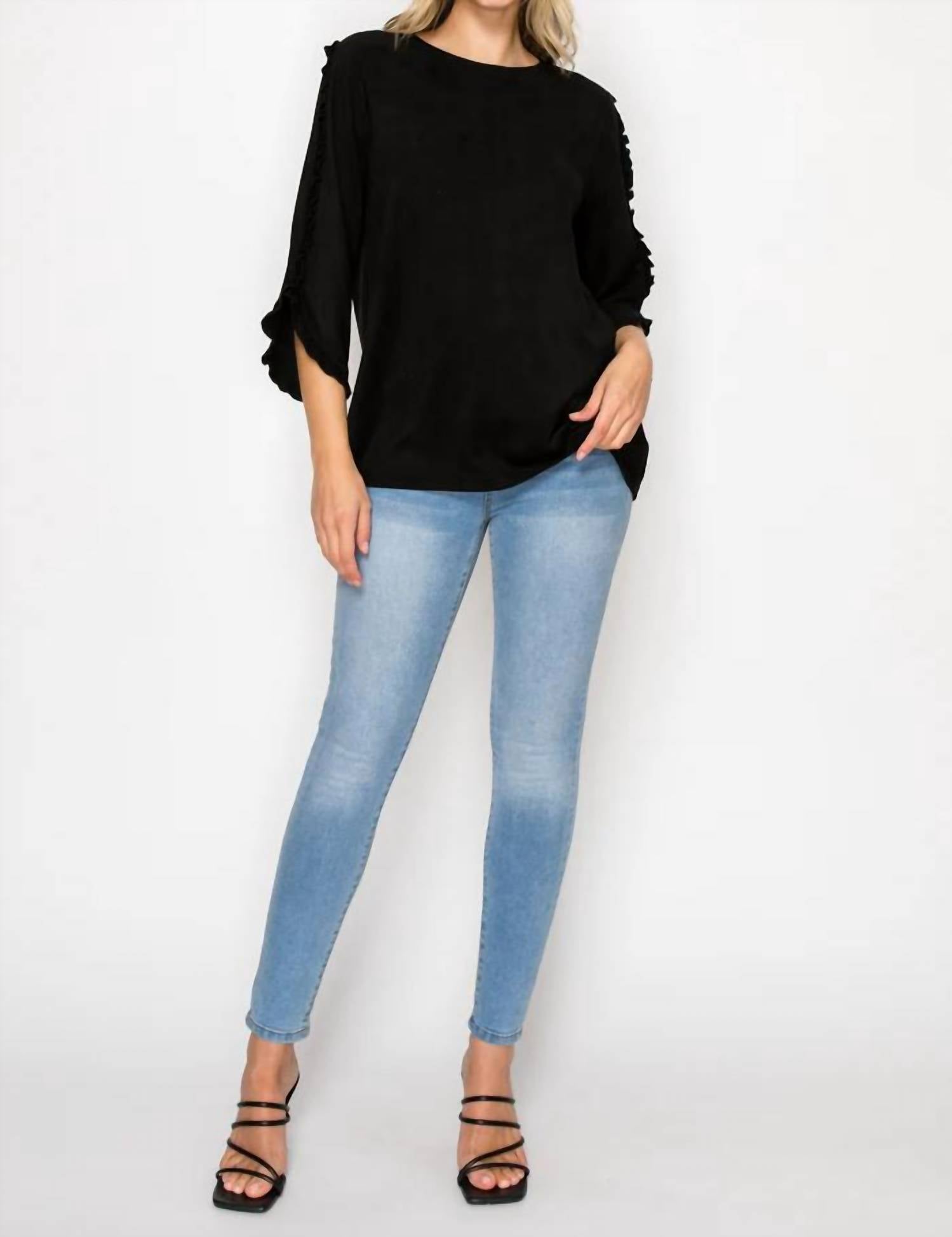 Joh suede top with ruffle on sleeve in black - women's blouse - view 5