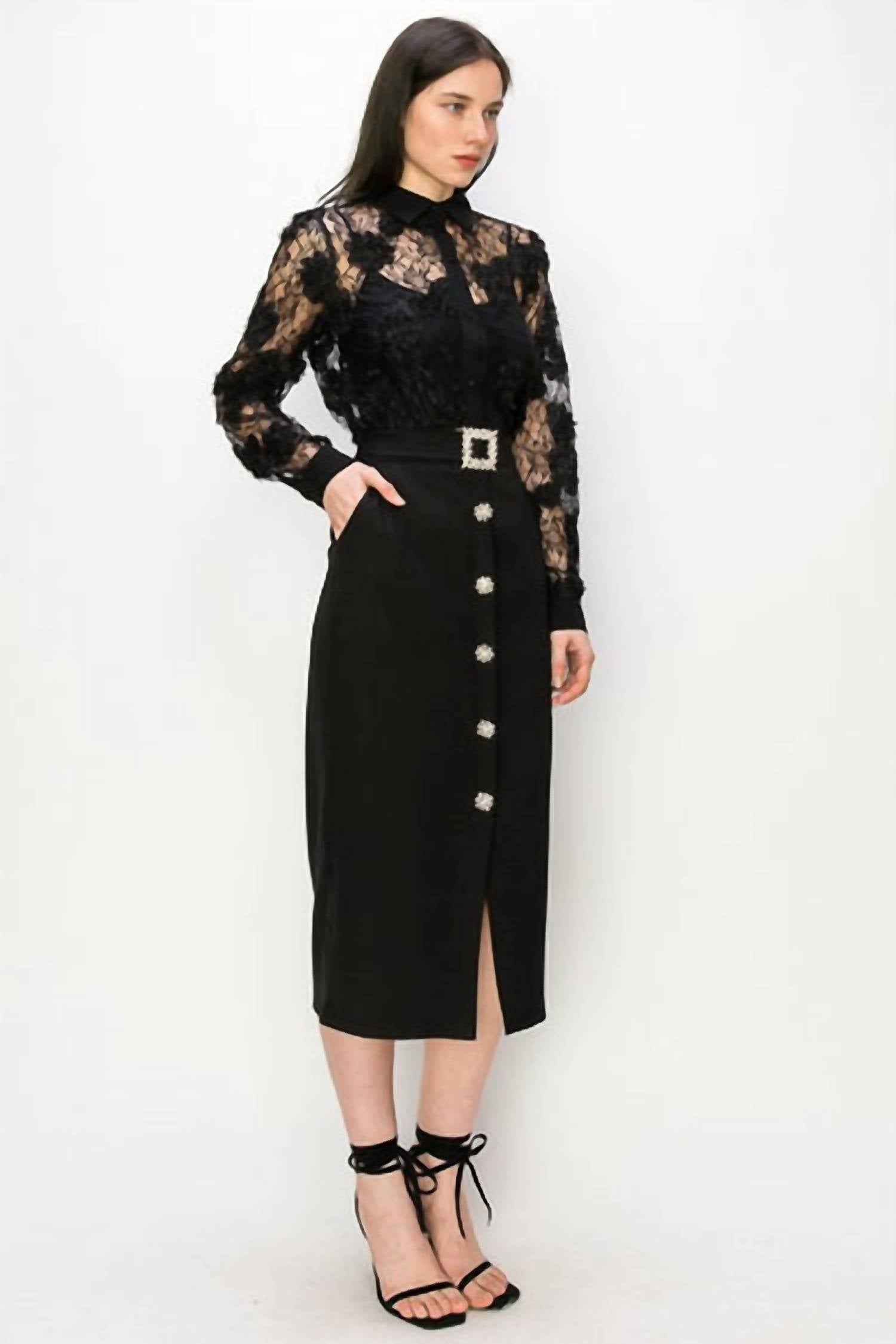 Ina Fashion - Long Sleeve 3d Floral Lace Button Front Blouse