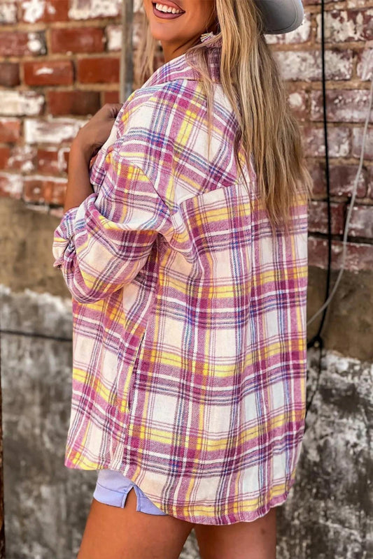 Shiying Fashion - Plaid Print Rounded Hem Shirt Jacket