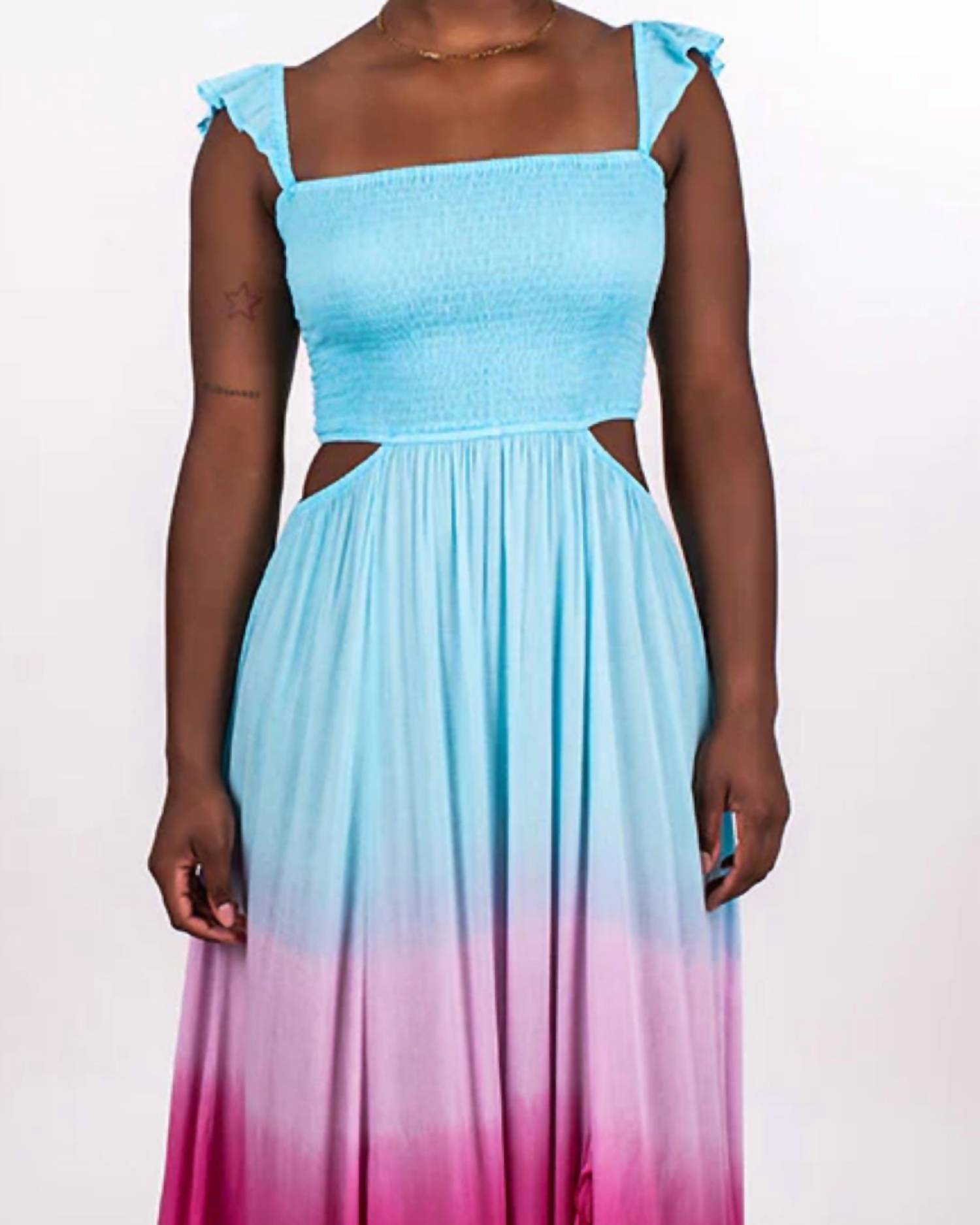 Tiare Hawaii OMBRE SMOCKED AMBER MAXI DRESS in turquoise violet - women's dress - detail view