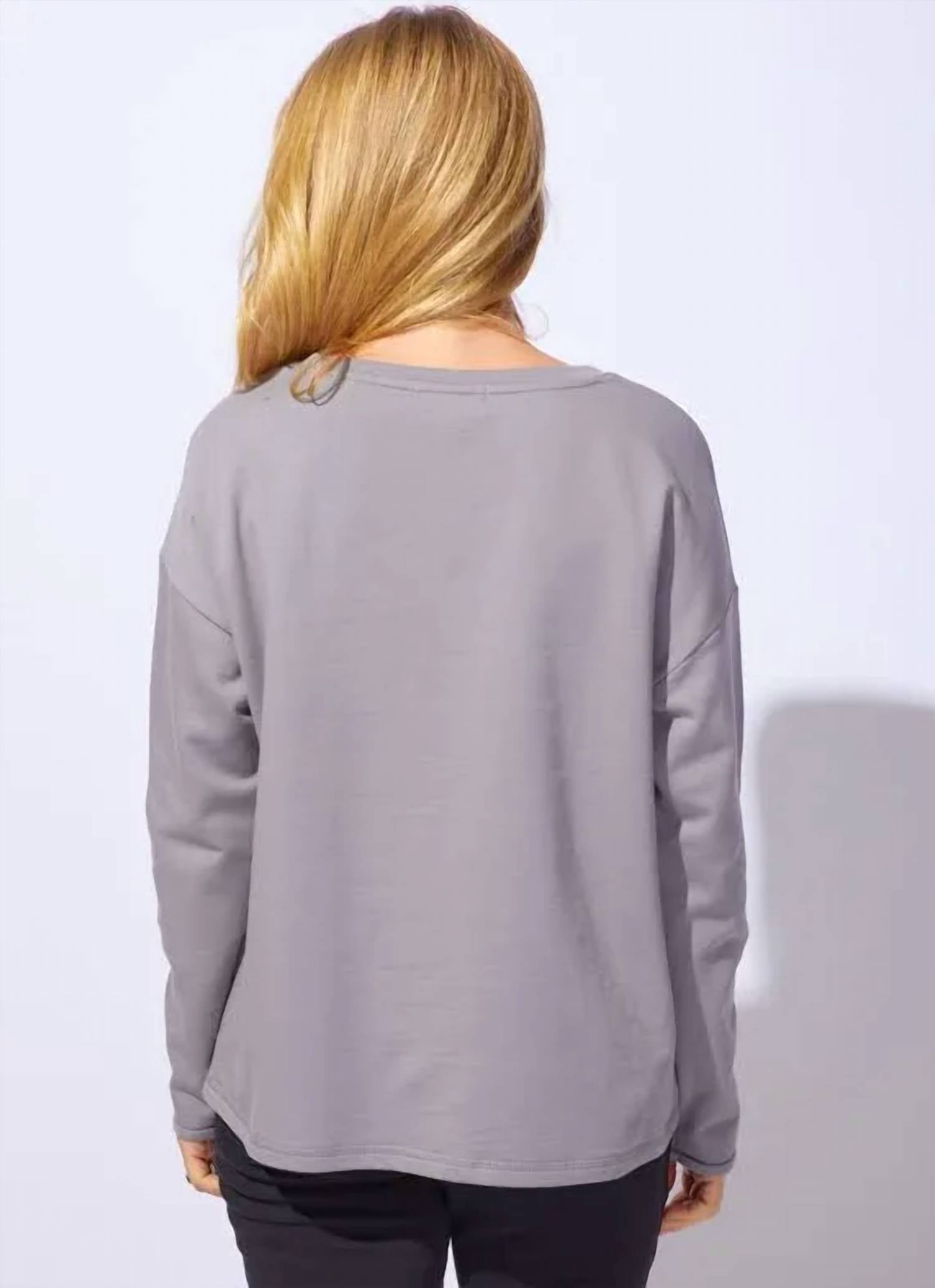 ESCAPE BY HABITAT Heart Printed Cotton Fleece Pullover in fog - women's top - detail view