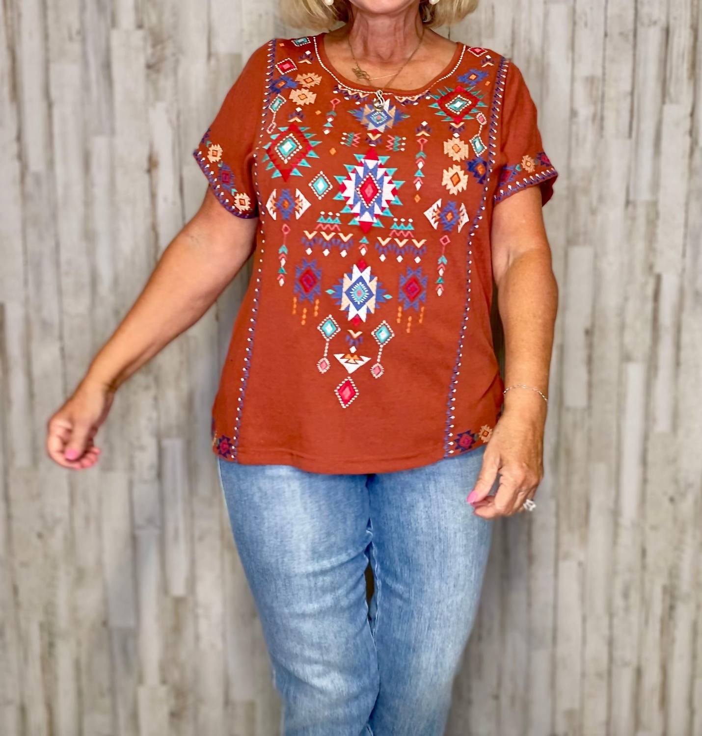 ANDREE BY UNIT Maya Aztec Embroidery Top in orange - women's shirt