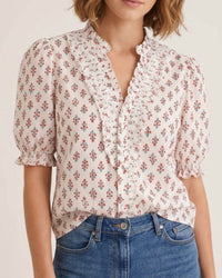 Karlie - Vintage Floral Ruffle Neck Button Up Top