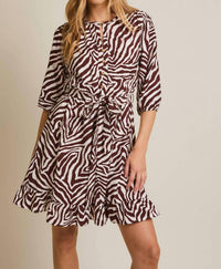 GILLI Tie Waist Mini Dress in ivory brown zebra - women's dress
