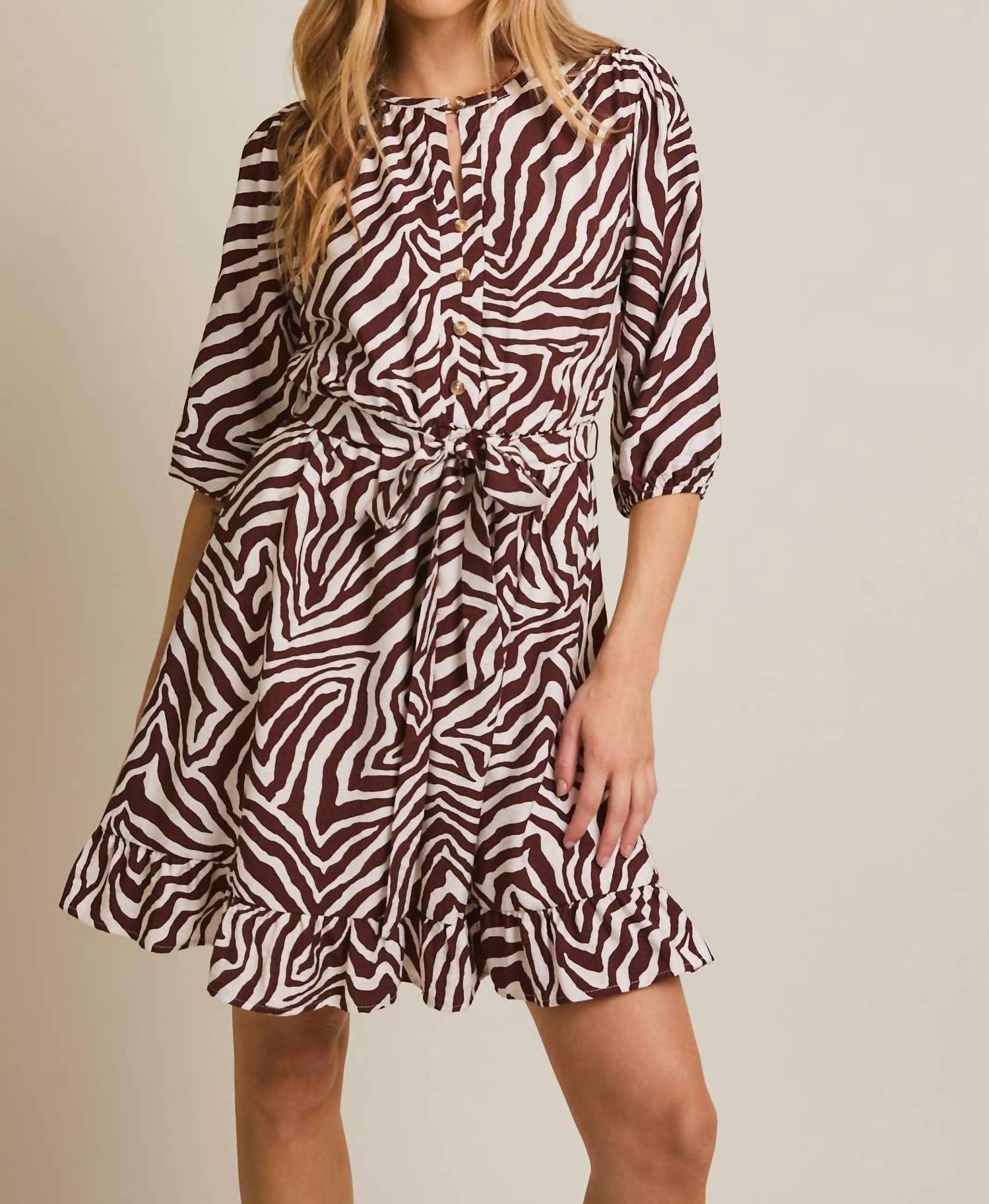GILLI Tie Waist Mini Dress in ivory brown zebra - women's dress