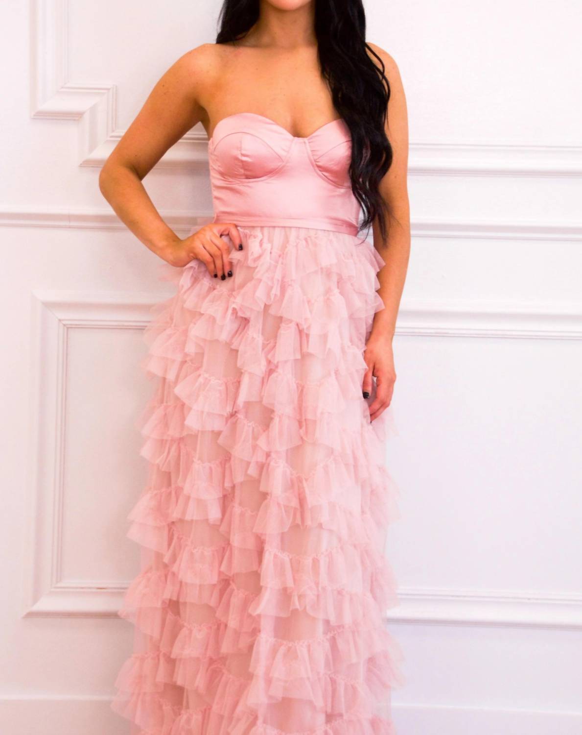 Maniju - Layton Strapless Tulle Ruffle Maxi Dress