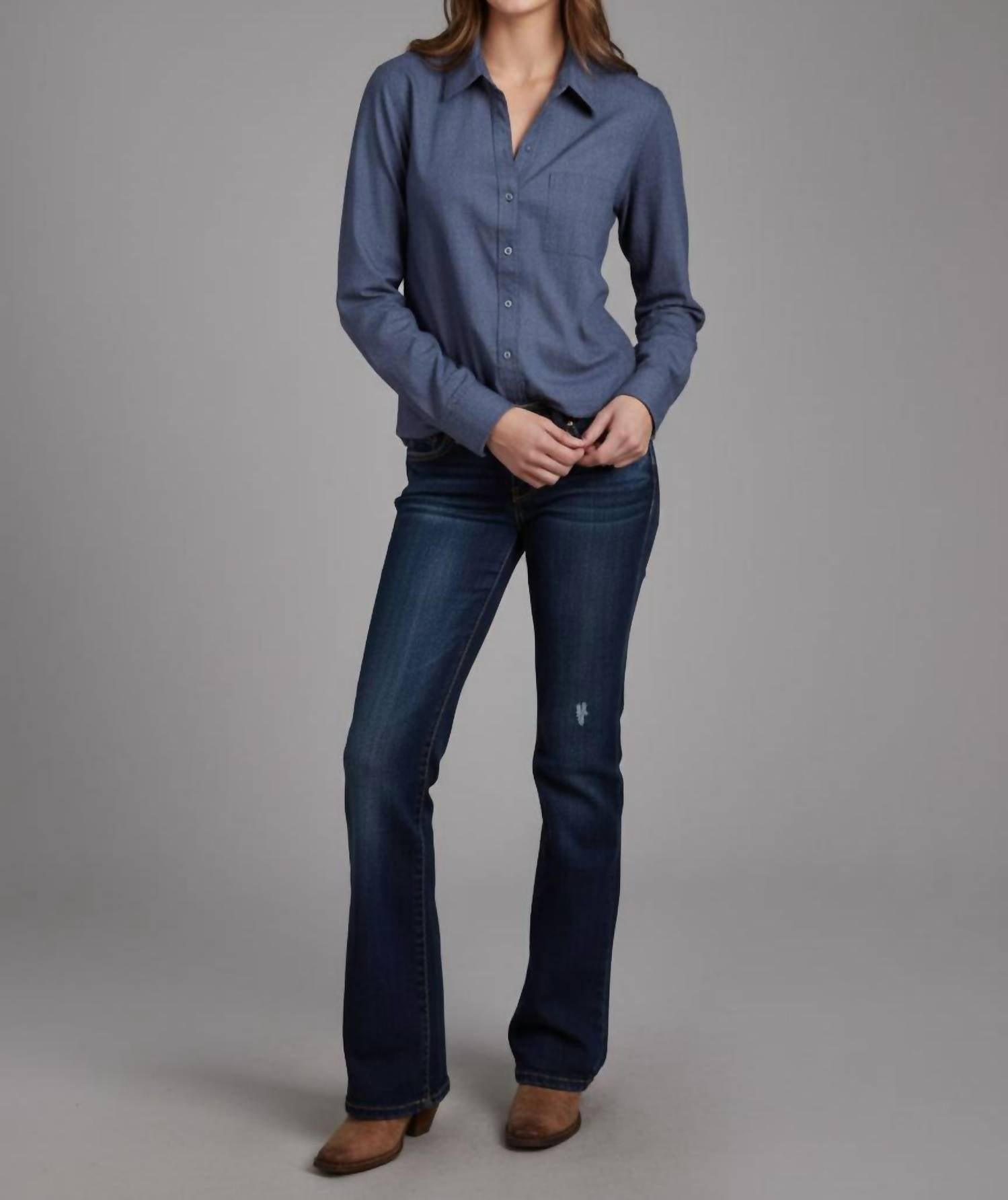 ROPER Long Sleeve Denim Western Shirt in blue - women's shirt - detail view