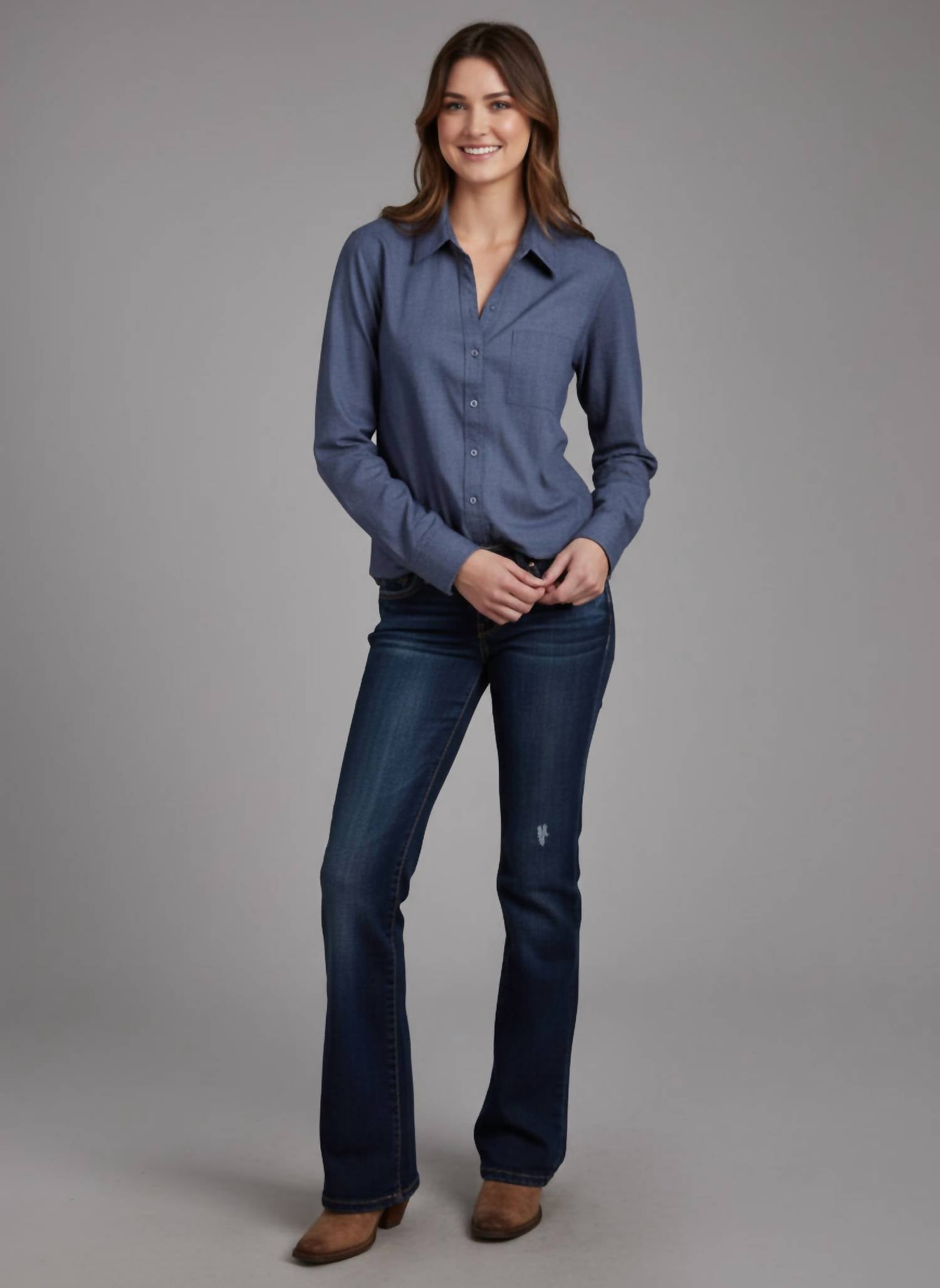 ROPER Long Sleeve Denim Western Shirt in blue - women's shirt - alternate view