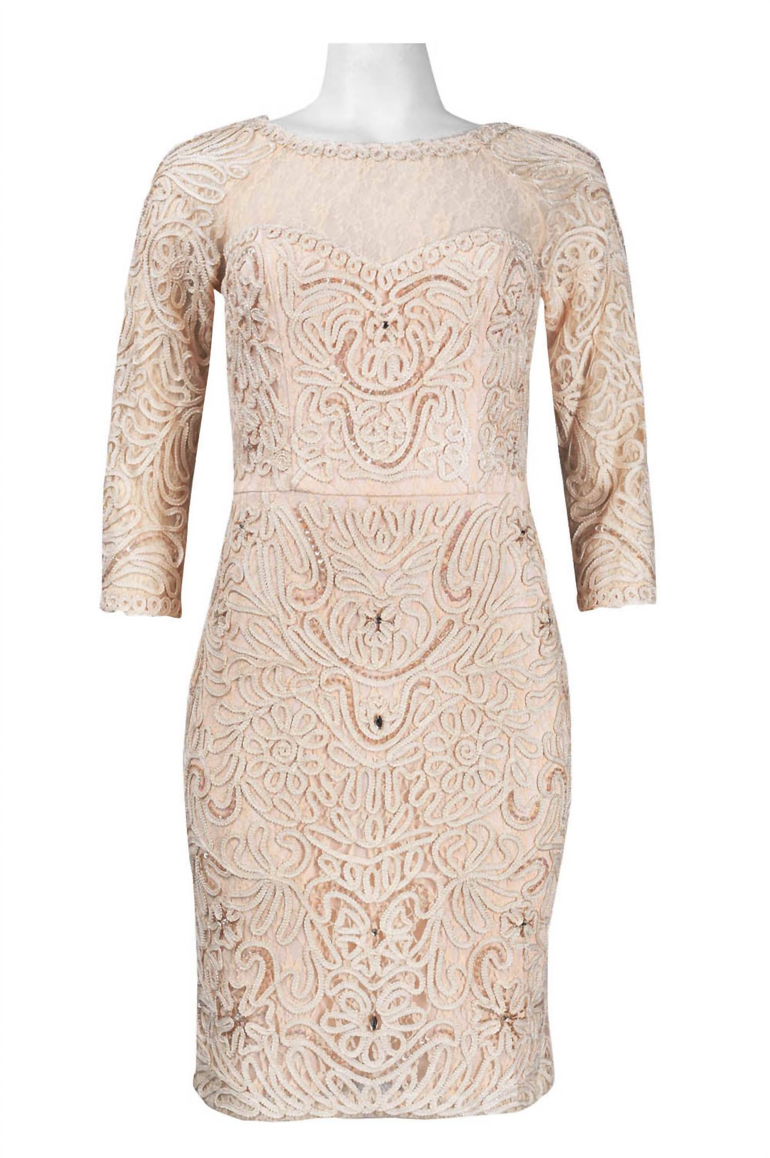Sue Wong - Embroidered Swirl 3/4 Sleeve Sheath Dress