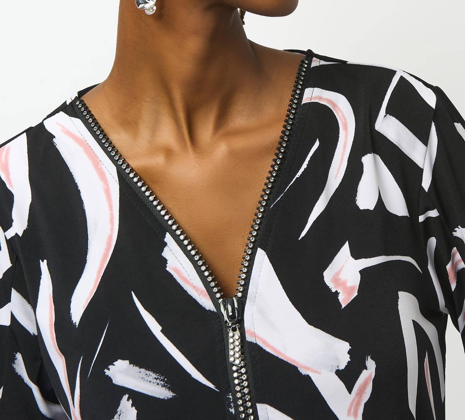 Joseph Ribkoff - Embellished Zip V-neck 3/4 Sleeve Tunic Top