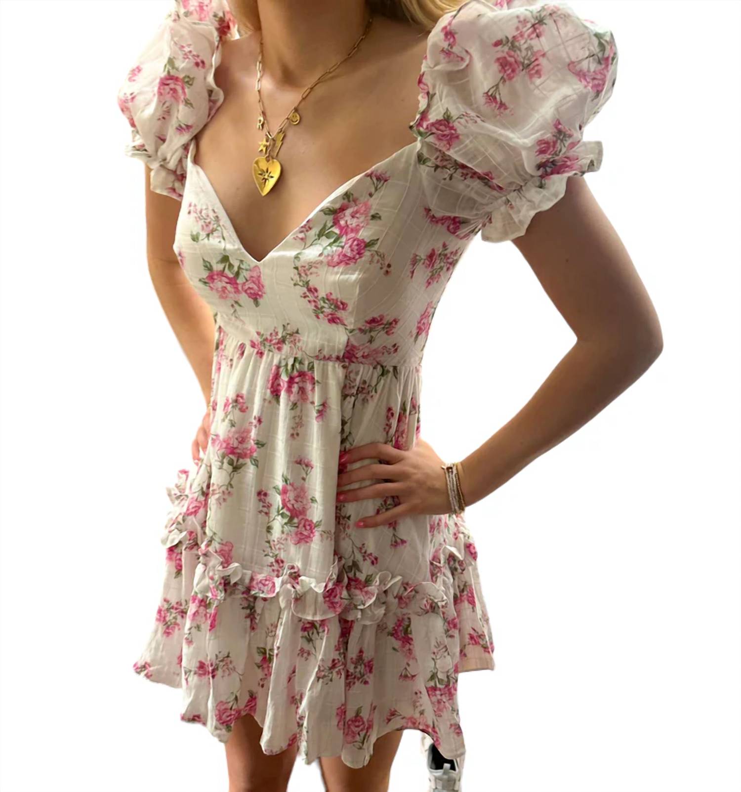 Sky To Moon - Floral Puff Sleeve Open Back Dress