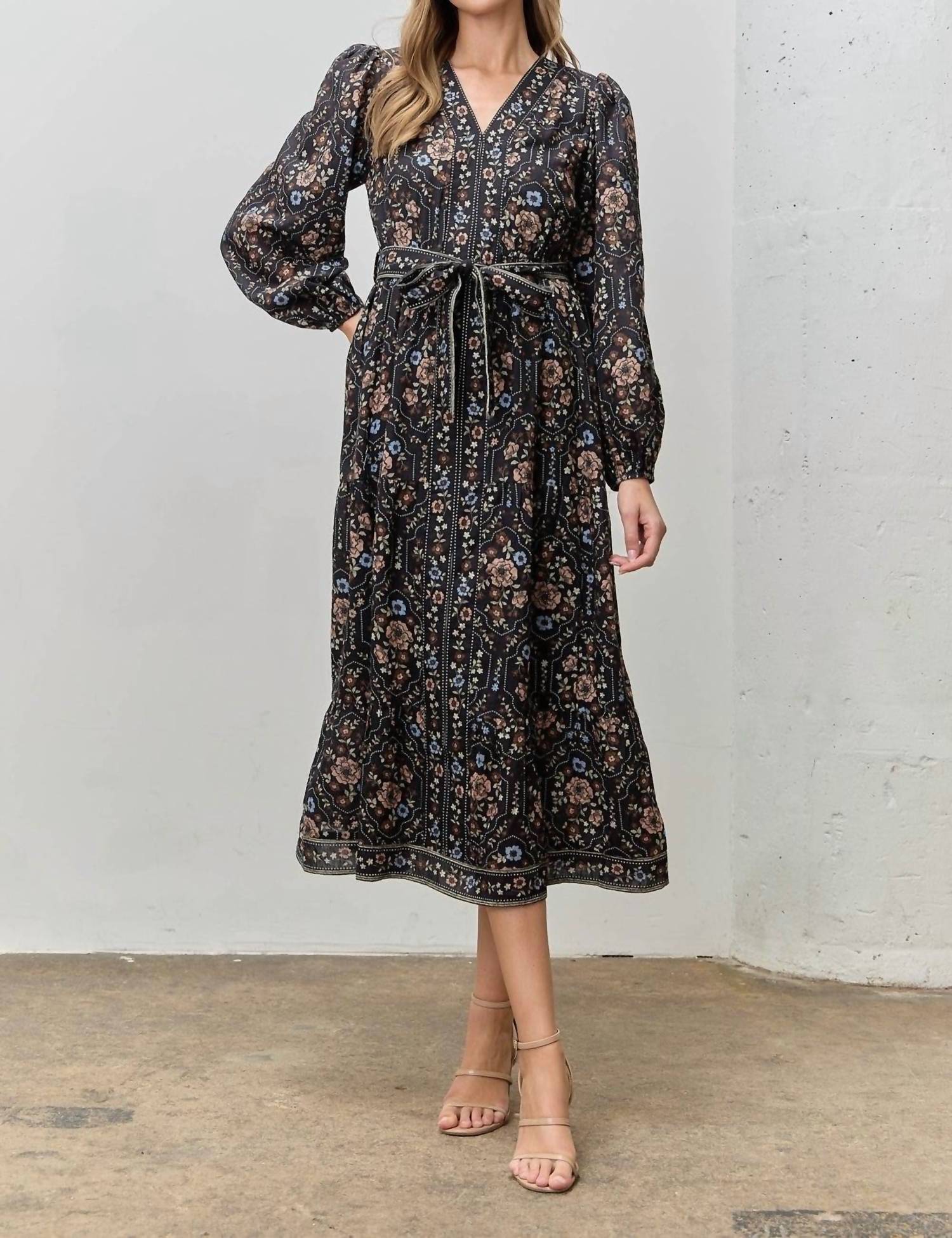 Polagram - Printed Floral V-neck Midi Dress - Plus