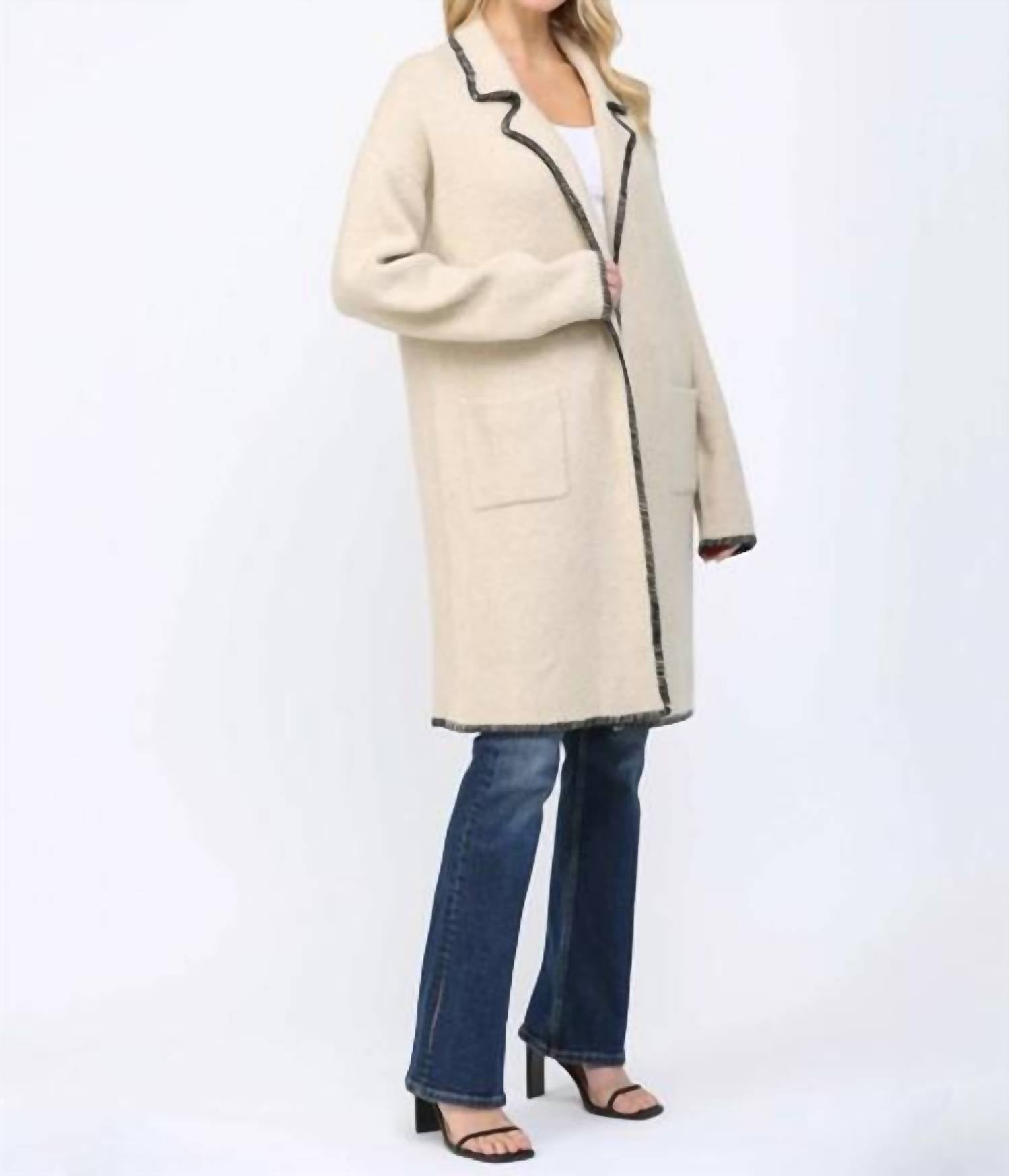 Fate - Contrast Whipstitch Notched Collar Open Cardigan