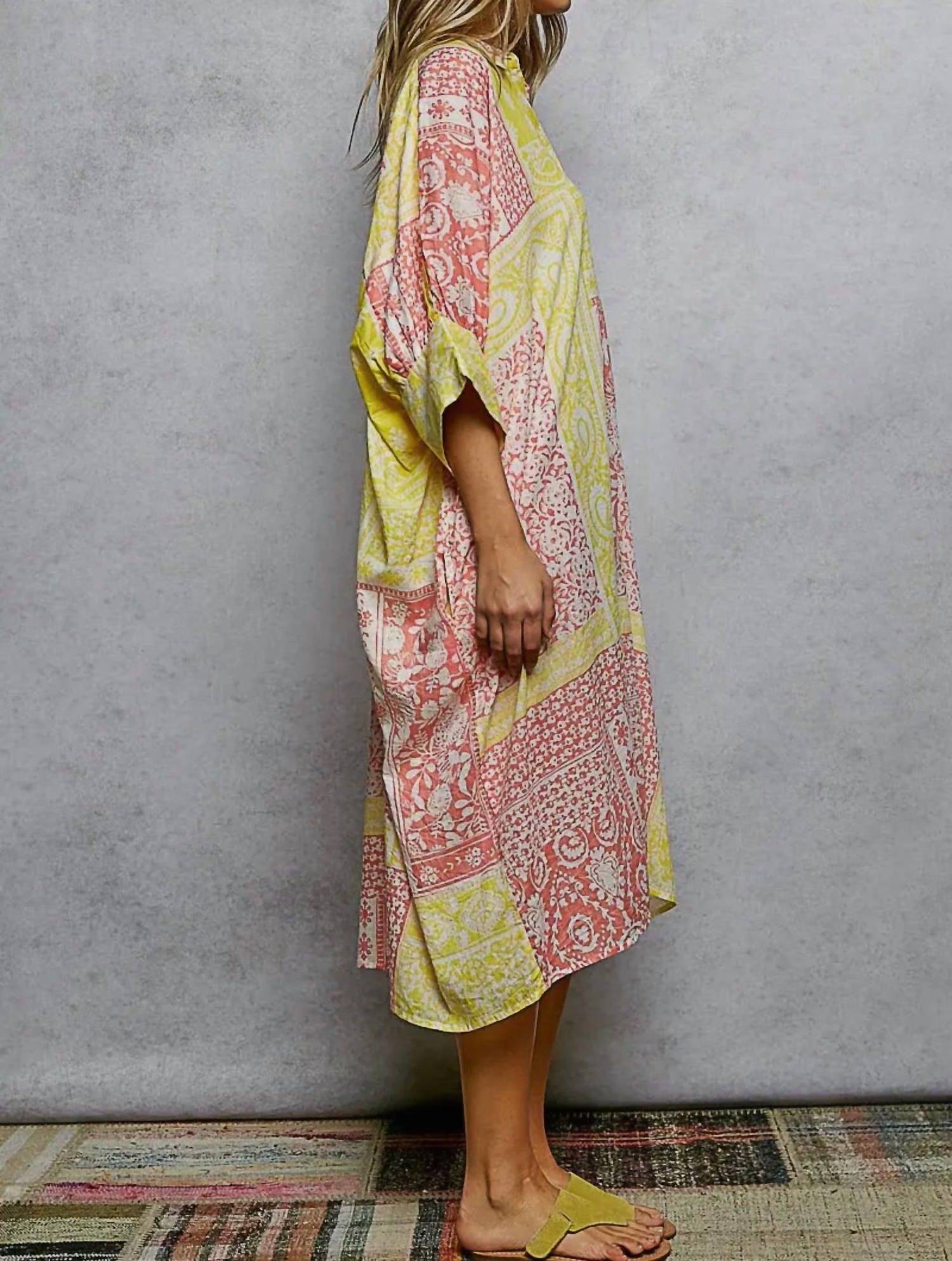 POL Half Sleeve Printed Oversized Shirt Dress in lemon multi - women's dress - alternate view