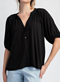 Ee:Some - Half Sleeve Notched V-Neck Blouse