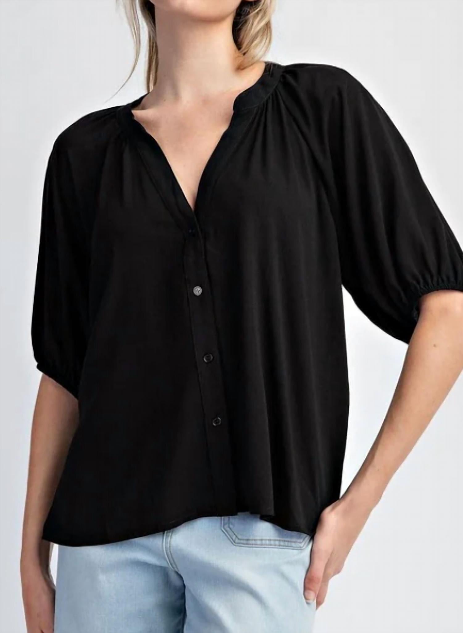 Ee:Some - Half Sleeve Notched V-Neck Blouse