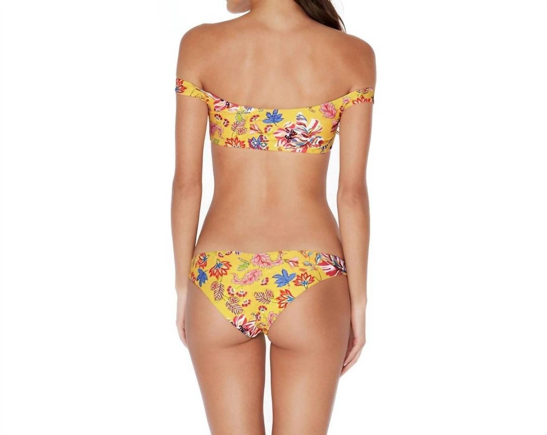 L*SPACE Pacific Bloom Emma Reversible Bitsy Bikini Bottom in sunshine gold - women's swimwear - detail view