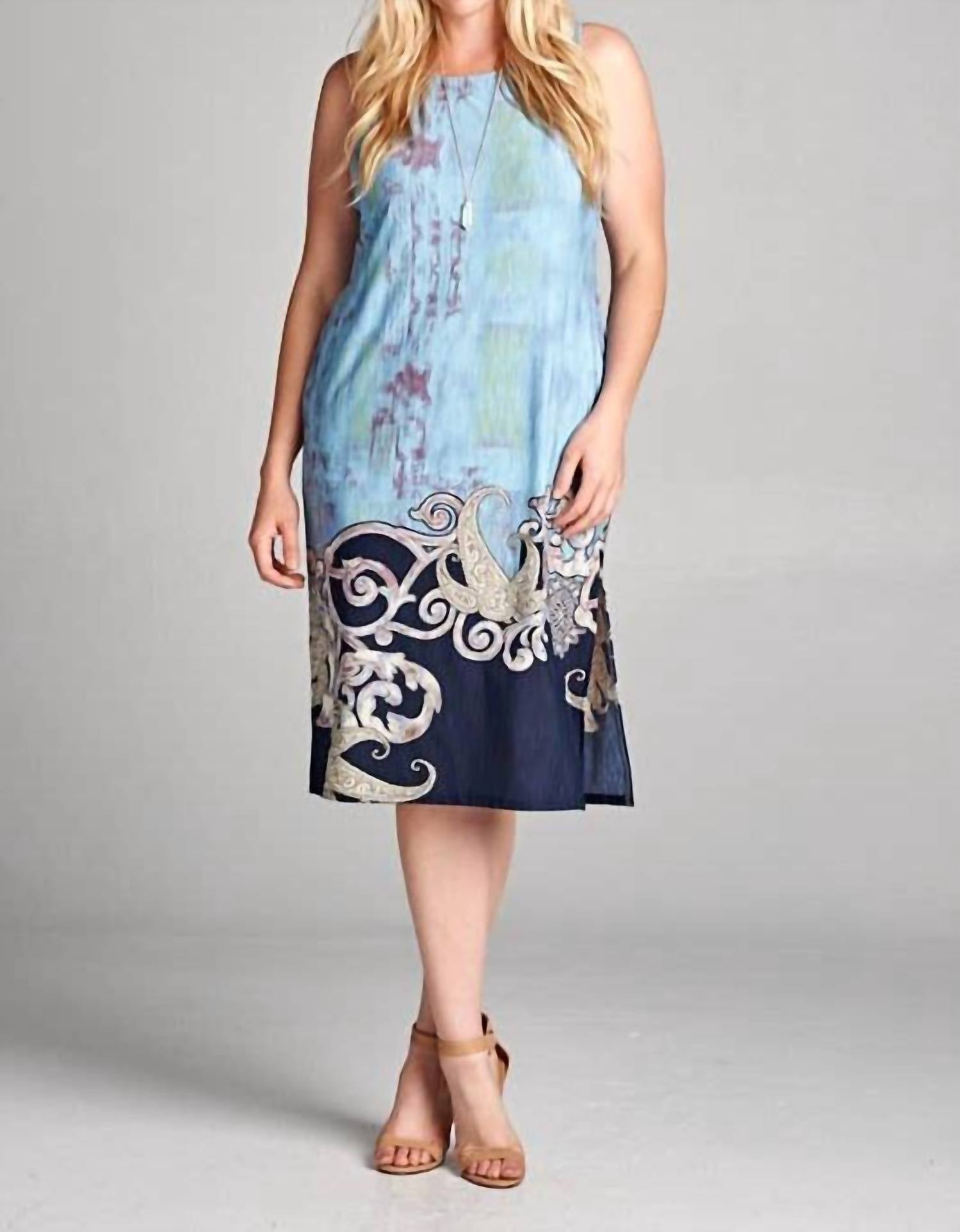 Emerald Collection Watercolor Wash Fitted Sleeveless Knee Dress - Plus in blue - women's dress