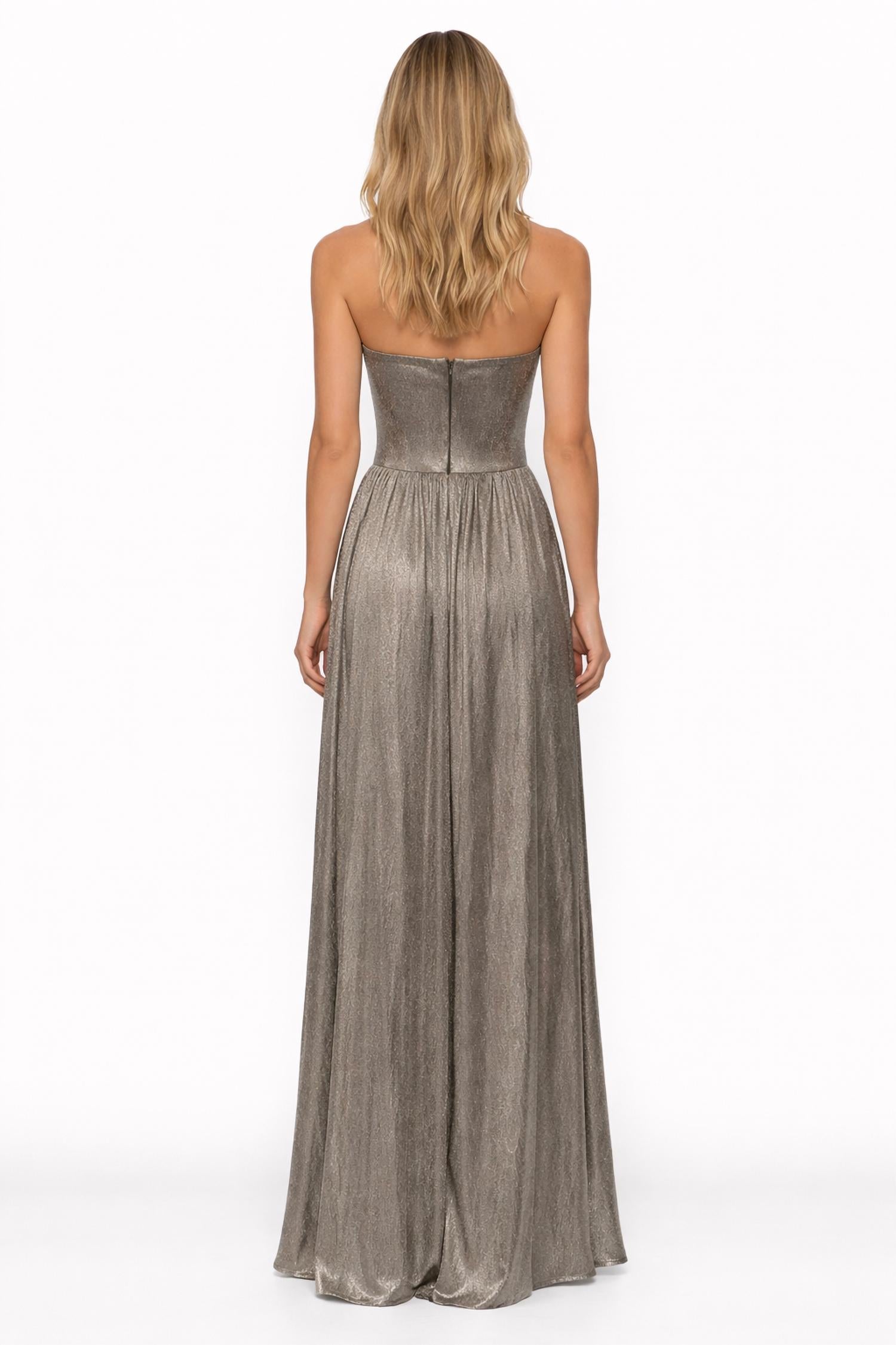 DRESS THE POPULATION Corset Strapless Boning Long Gown in gold - women's dress - detail view