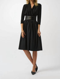 Joseph Ribkoff - Faux Wrap Belted 3/4 Sleeve Fit And Flare Dress