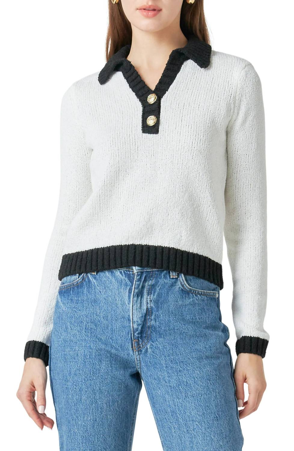 endless rose Johnny Collar Long Sleeve Polo Sweater in white black - women's jacket