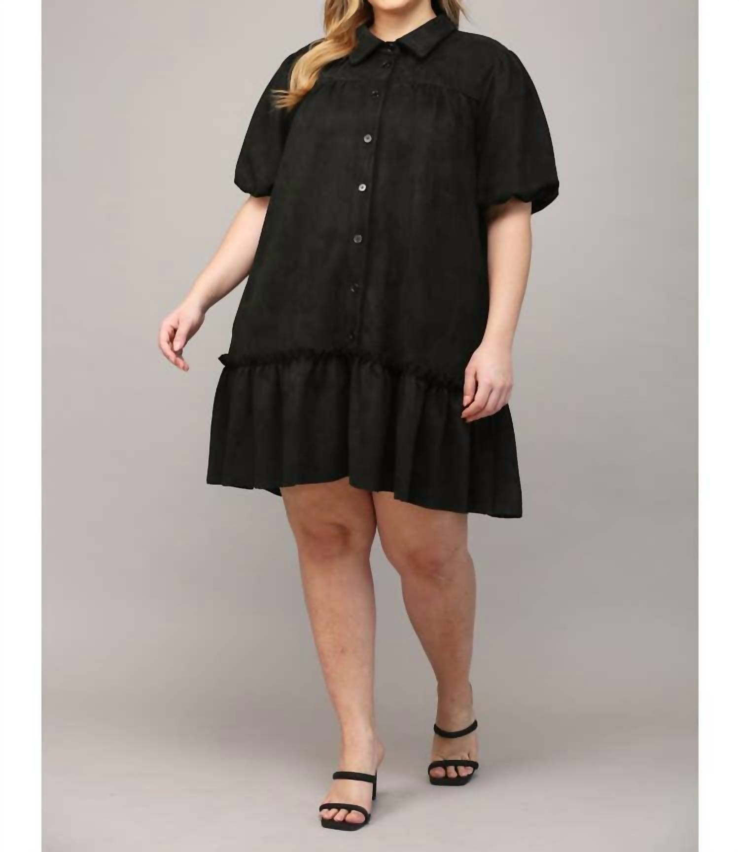 Fate - Darby Faux Suede Button Front Short Puff Sleeve Dress