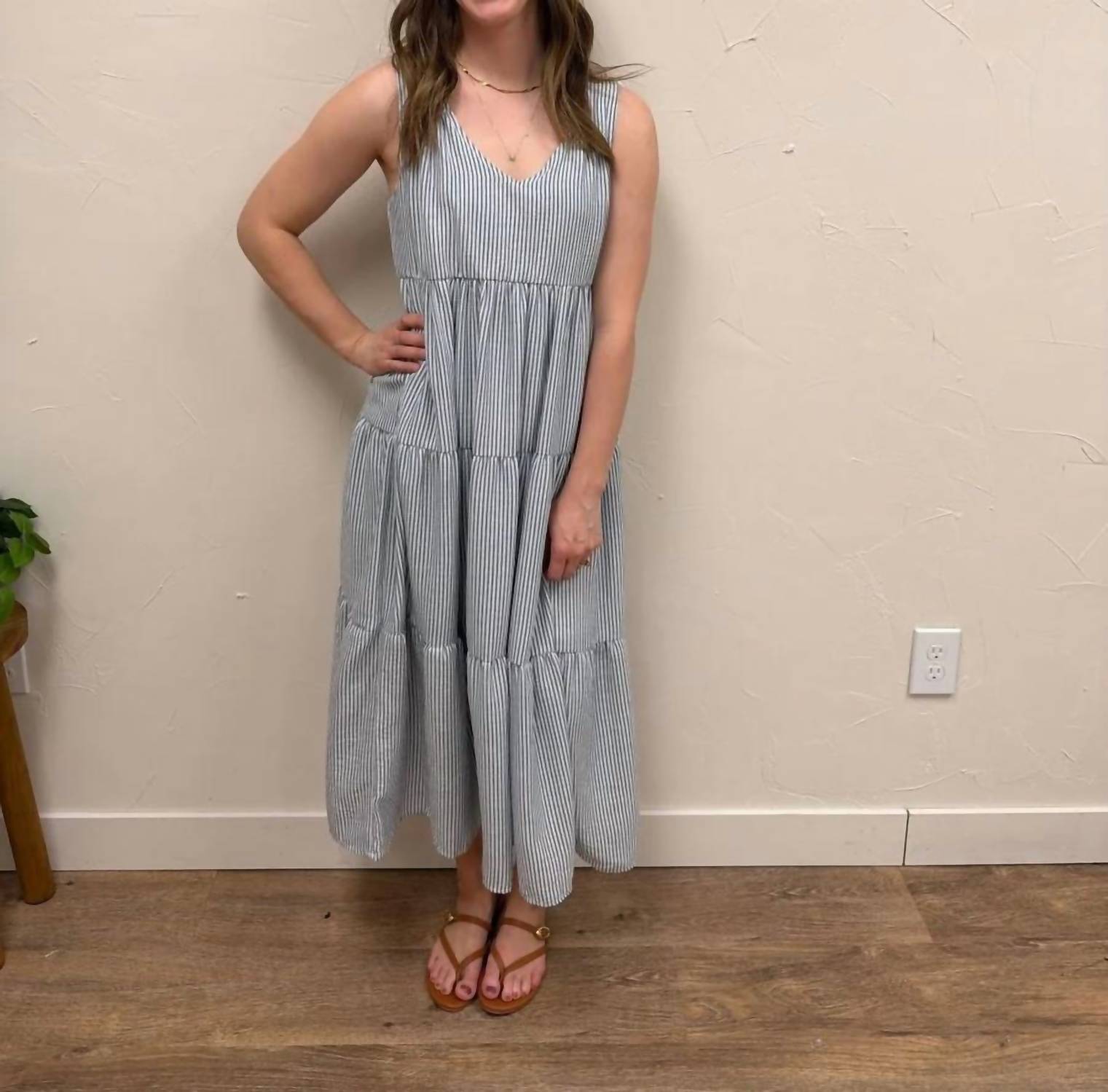 Sunday Edition - V-neck Sleeveless Tiered Stripe Midi Dress