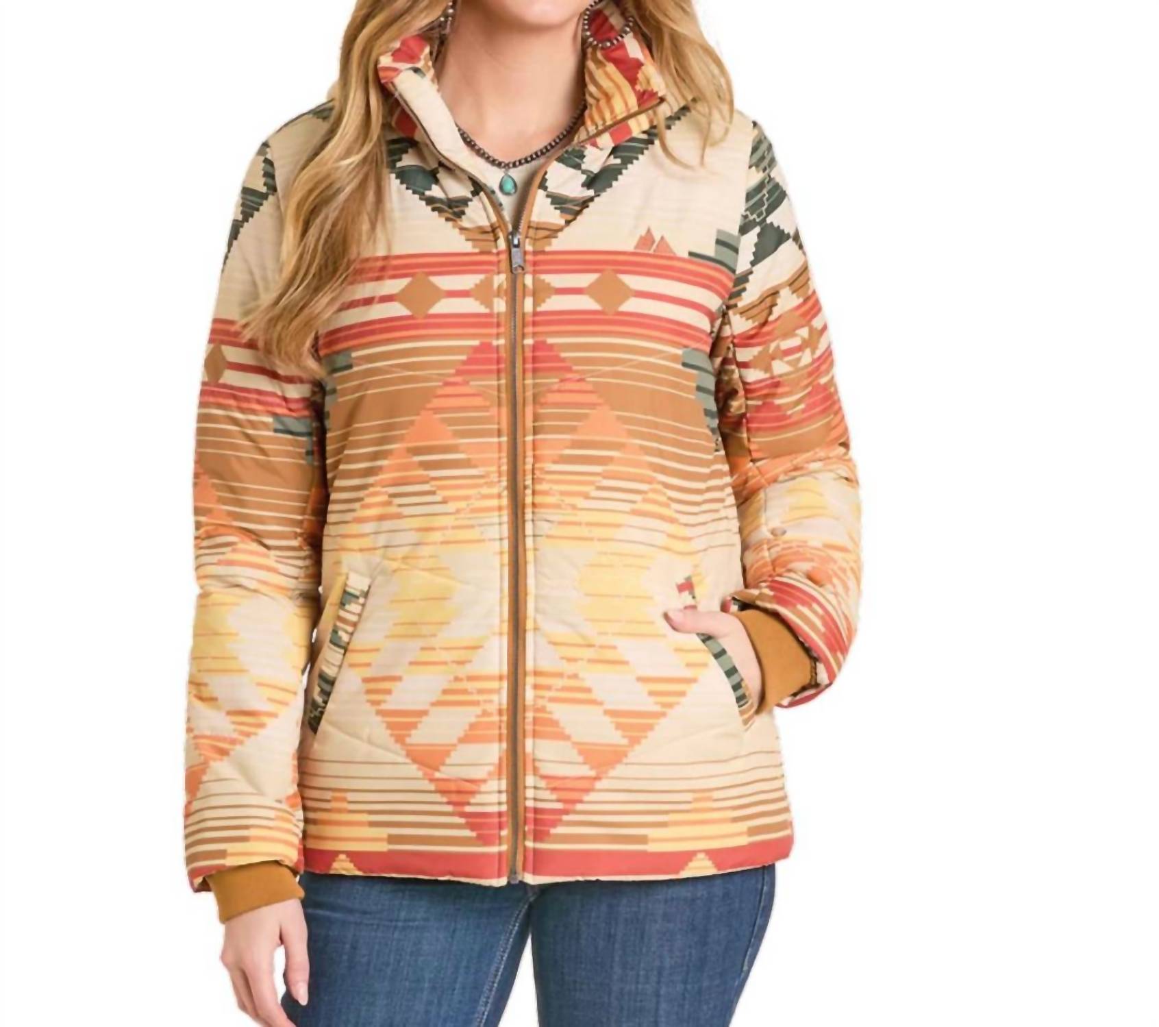 Rock & Roll Denim Serape Hooded Puffer Jacket in cream - women's jacket
