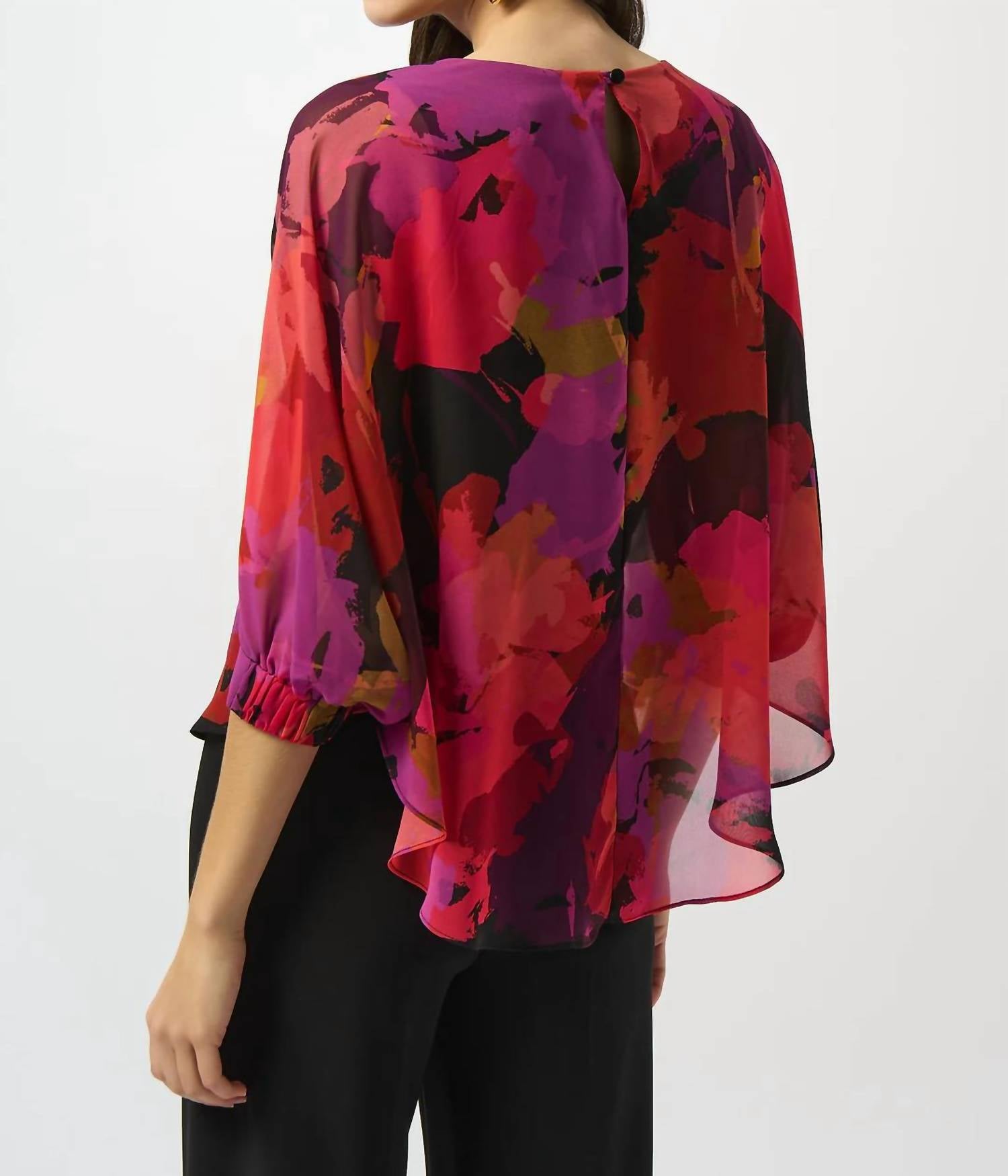 Joseph Ribkoff Floral Print 3/4 Sleeves Chiffon Top in black multi 1 - women's blouse - alternate view