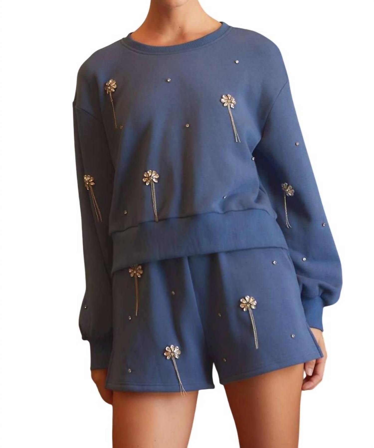 Main Strip - Jaydeen Rhinestone Embellished Sweatshirt Top & Short Set