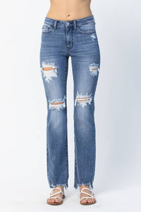 Judy Blue Destroyed Straight Mid-rise Jeans in medium blue - women's jeans
