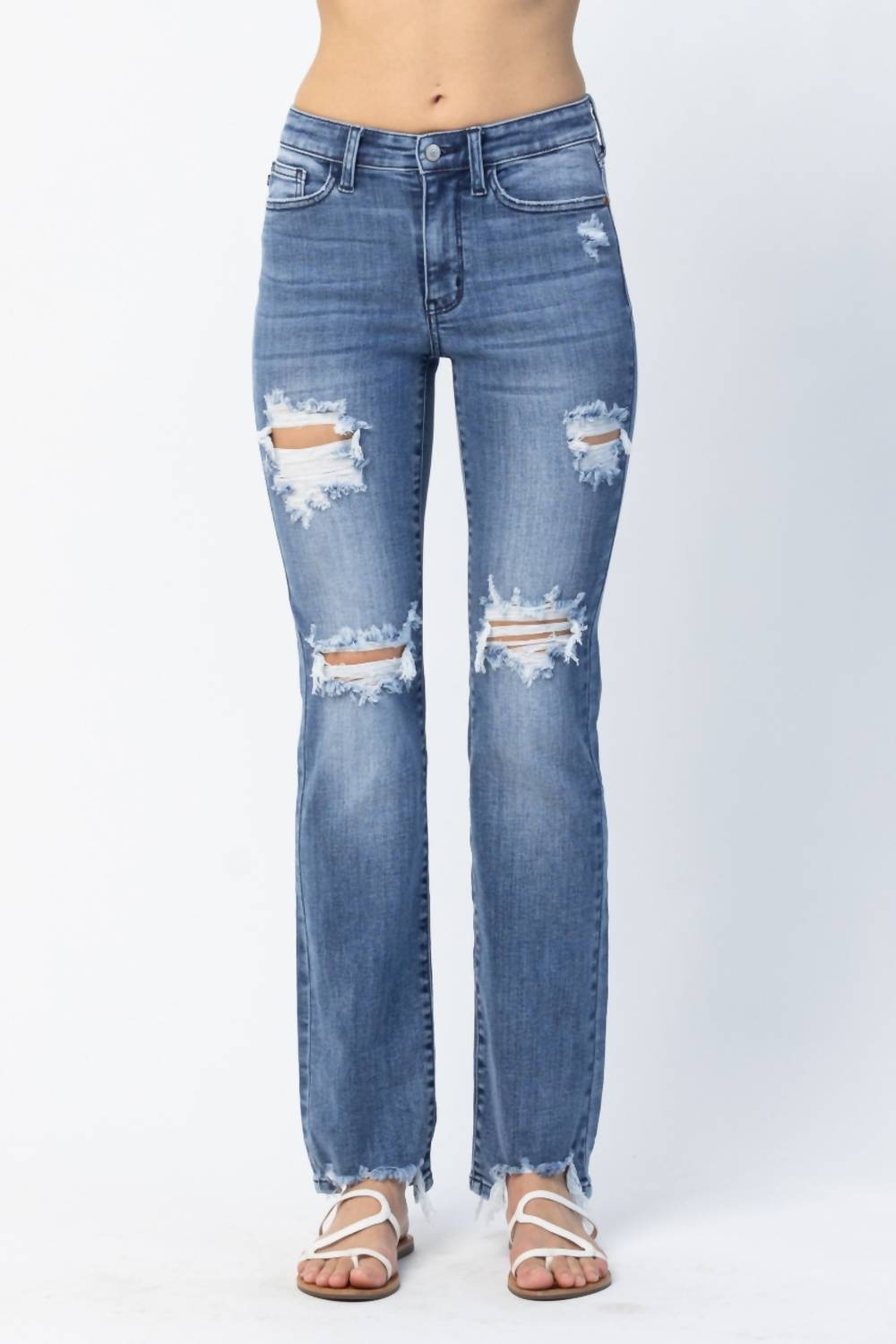 Judy Blue Destroyed Straight Mid-rise Jeans in medium blue - women's jeans