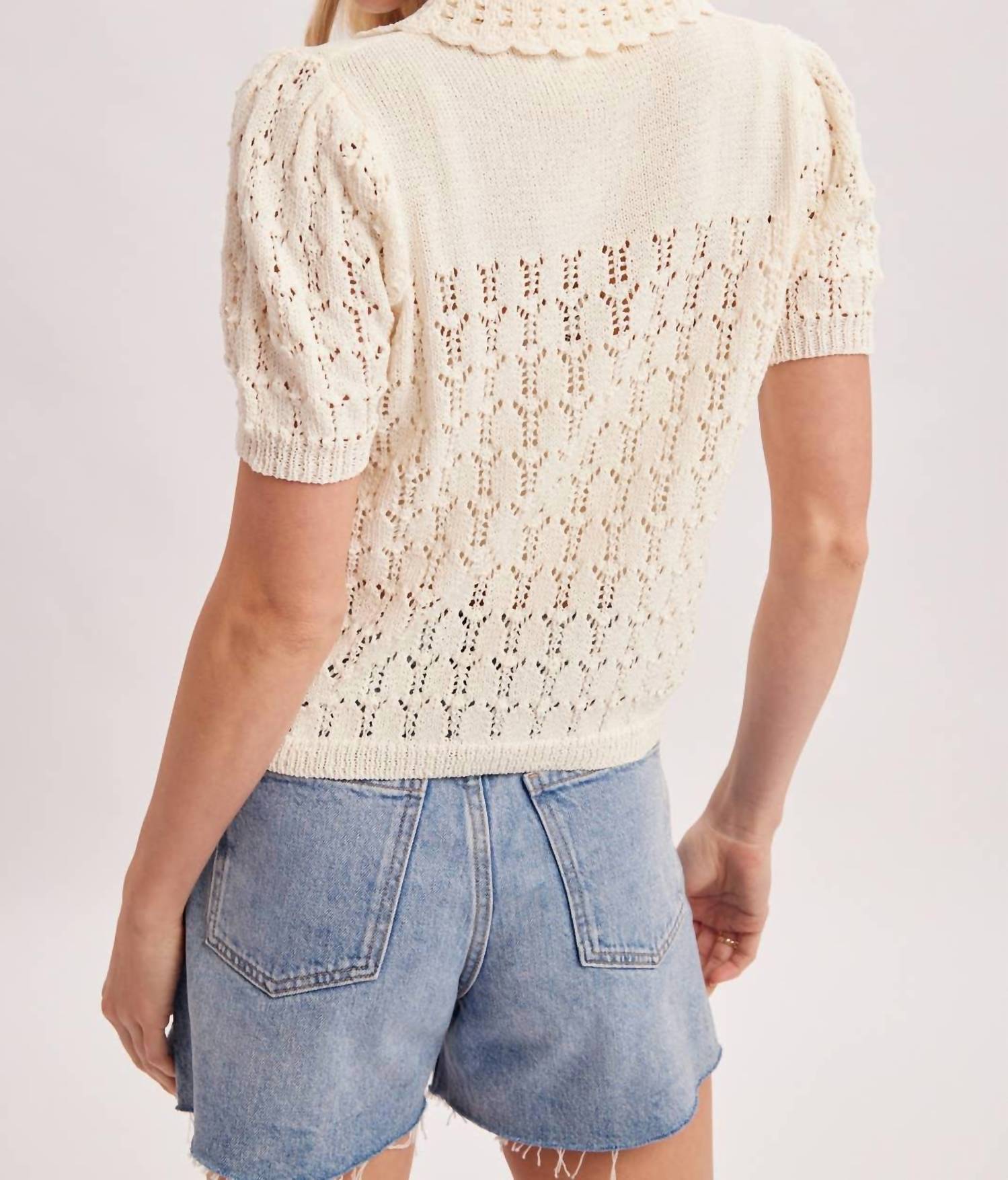 Bluivy - Pointelle Button Down Shirt Knit Cardigan