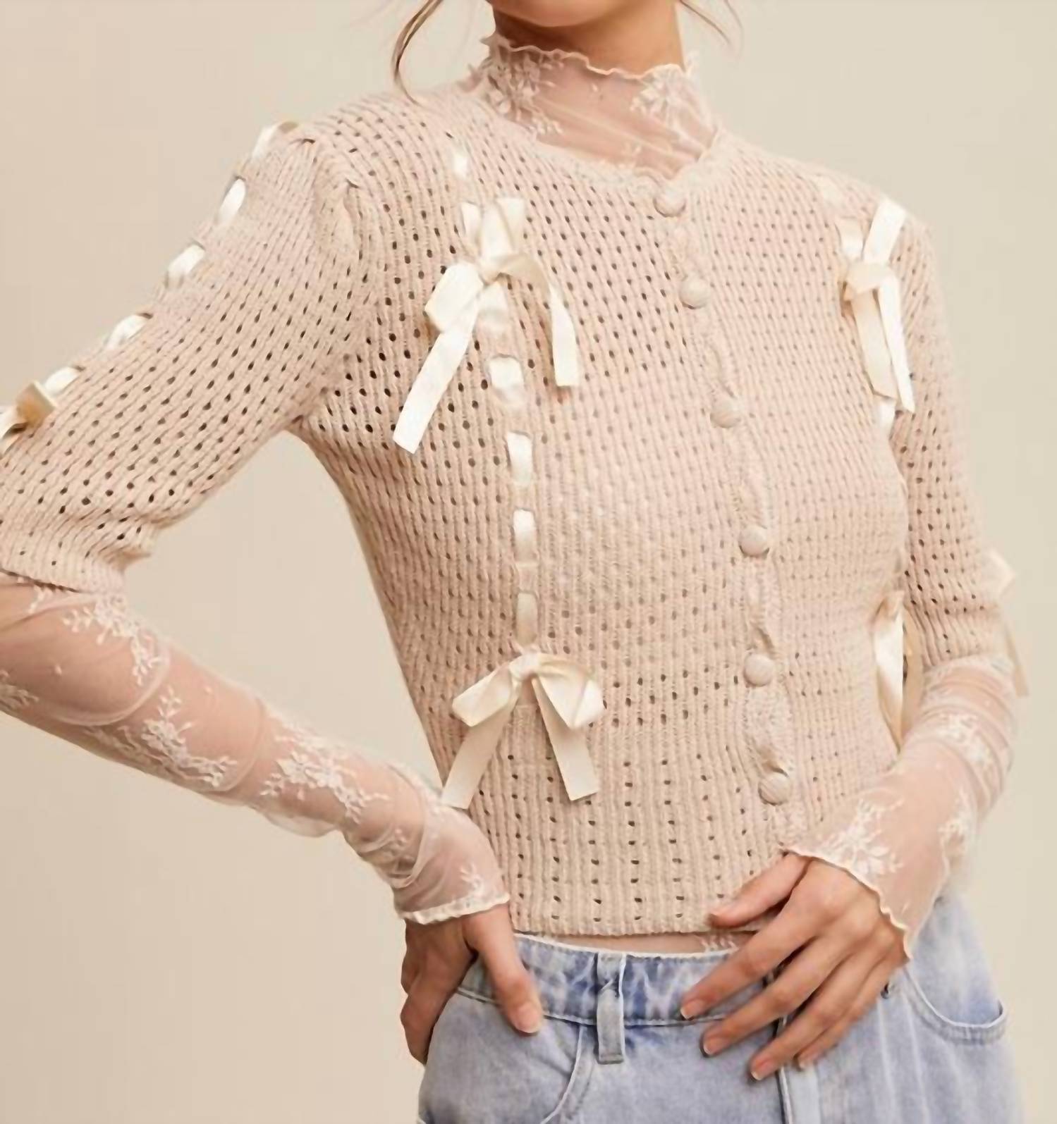 Listicle - Pastel Knit Cardigan With Satin Bow Details