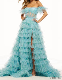 Sherri Hill Ruffle Corset Slit Gown in aqua print - women's dress