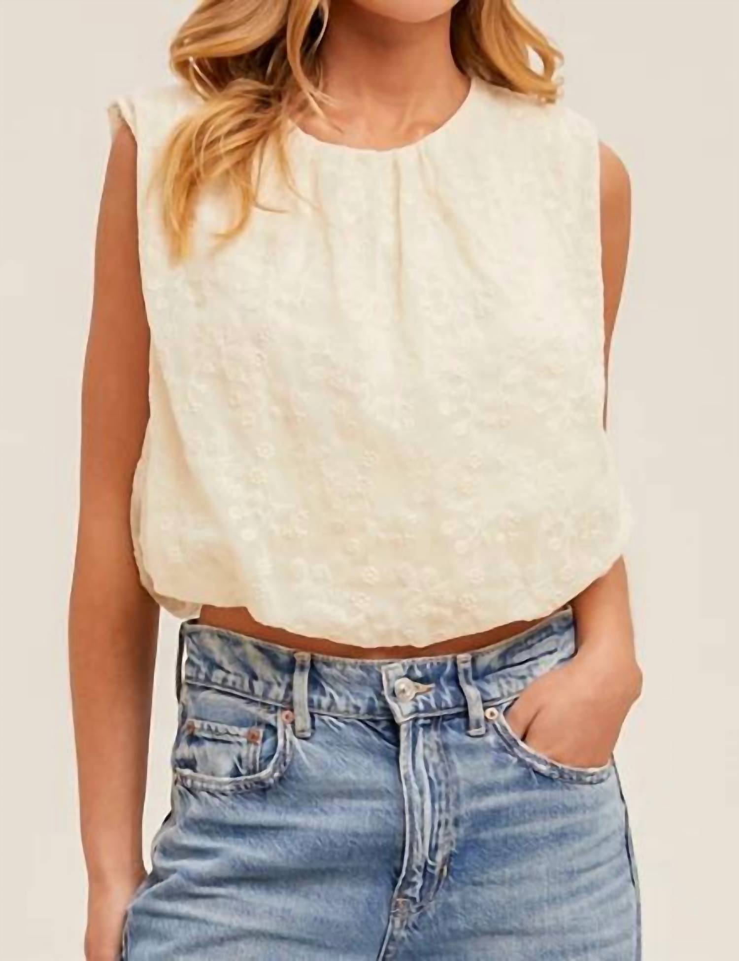 Hem & Thread - Embroidered Bubble Hem Sleeveless Top