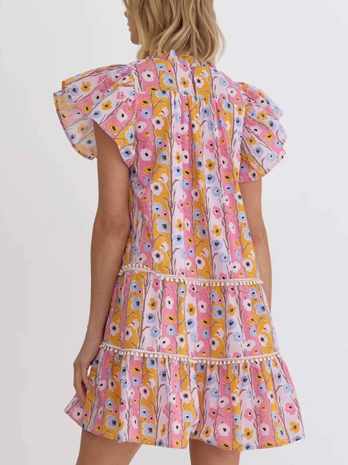 Entro - Watercolor Floral Ruffle Sleeve Mini Dress