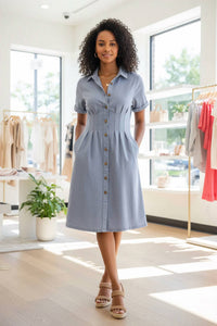 She + Sky - Short Sleeve Pleated Waist Button Down Dress
