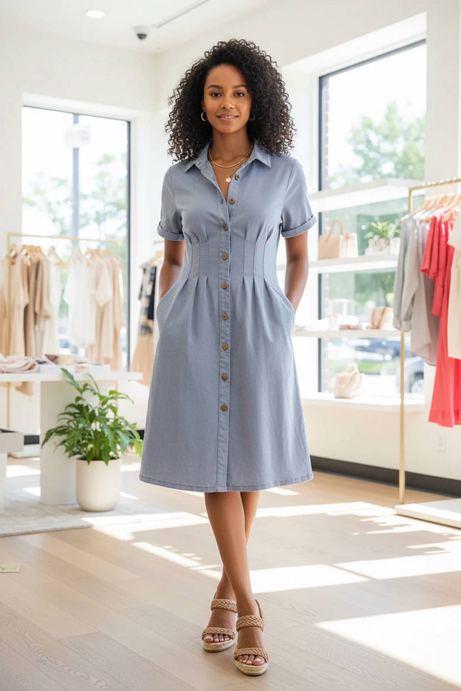 She + Sky - Short Sleeve Pleated Waist Button Down Dress