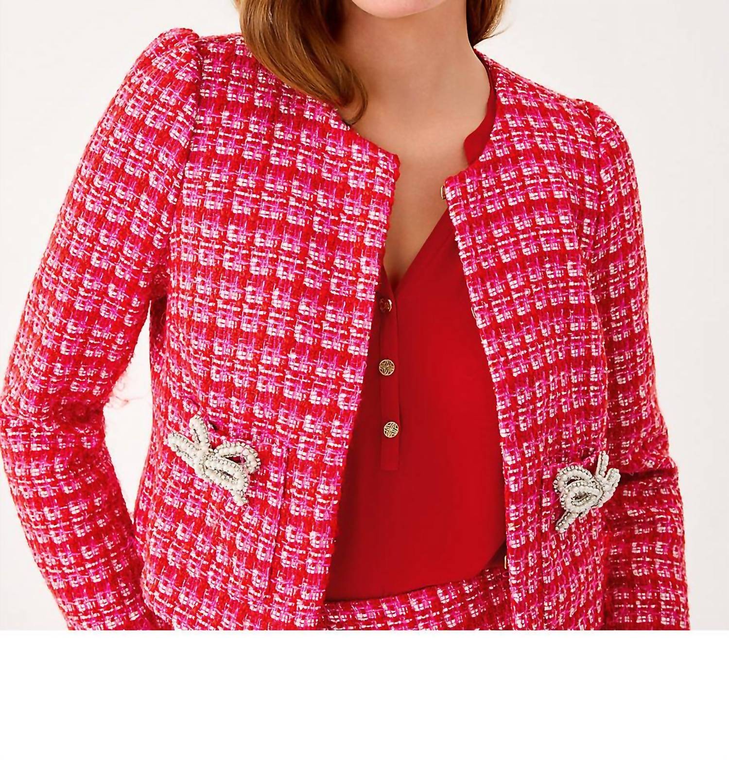 Lilly Pulitzer Kimia Jacket in cranberry red fiesta boucle 1 - women's jacket - detail view