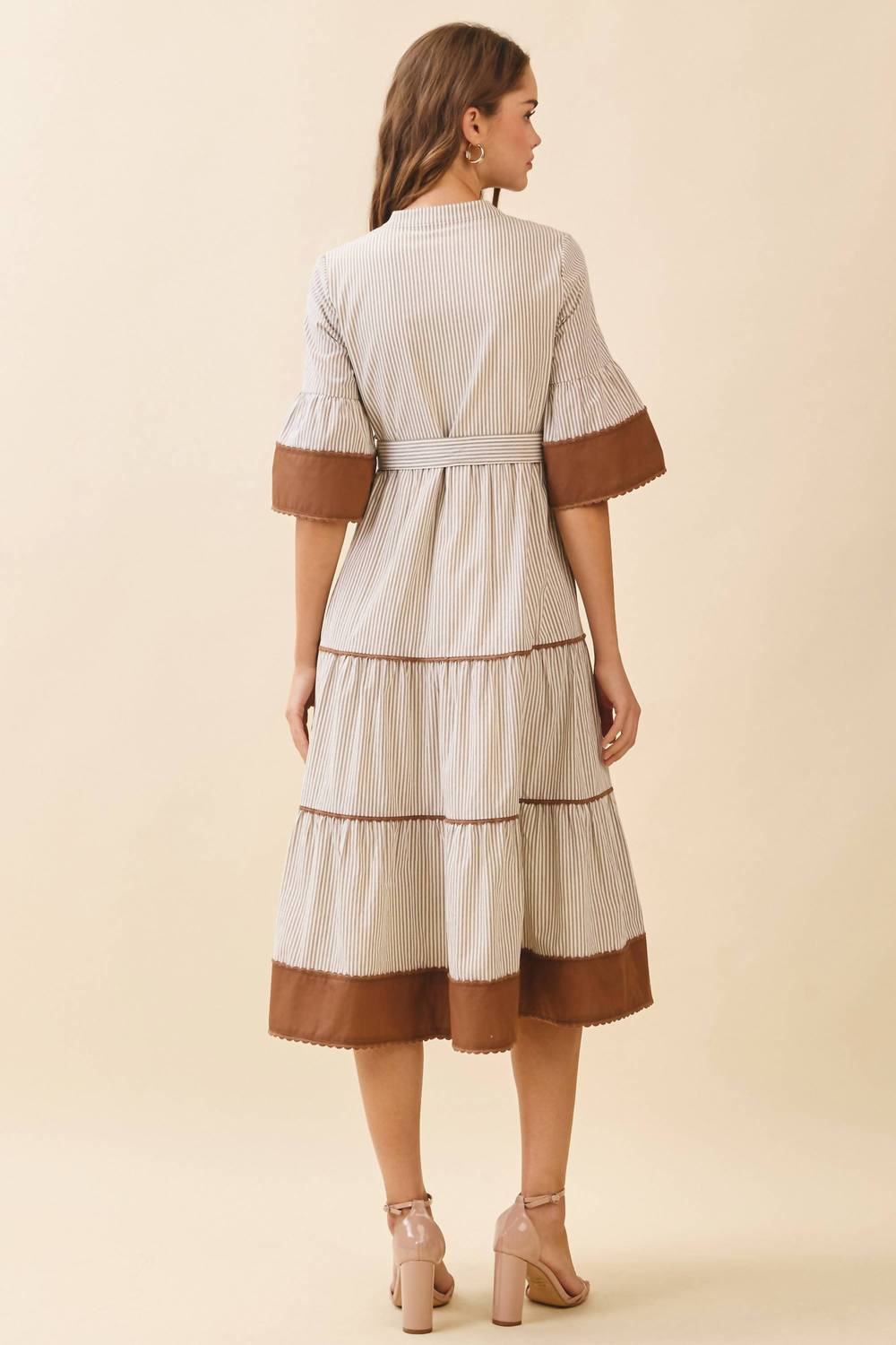 Tcec - Striped Split Neck Contrast Trim Detail Midi Dress