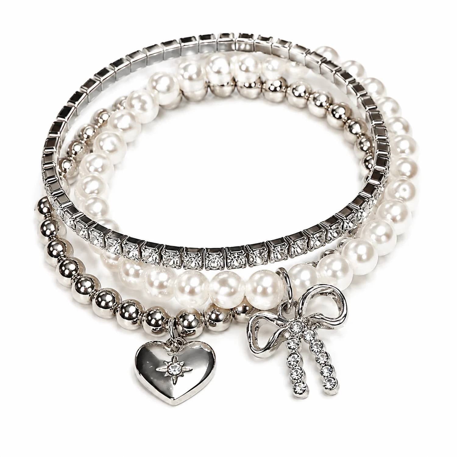 Mimi Wholesale - Women's Pearl Bow Charm Bracelet Set