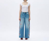Bayeas - Charlie Floral Embroidery Wide Leg Jeans