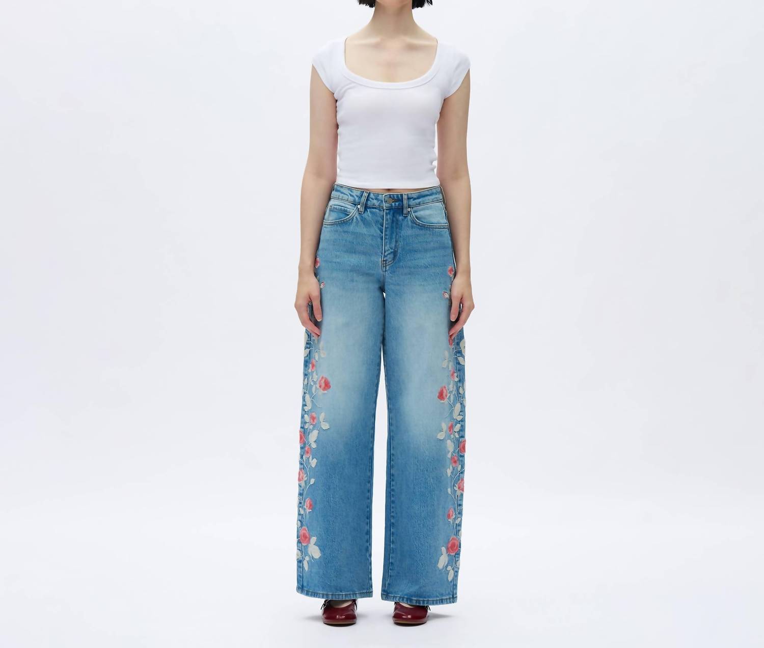 Bayeas - Charlie Floral Embroidery Wide Leg Jeans